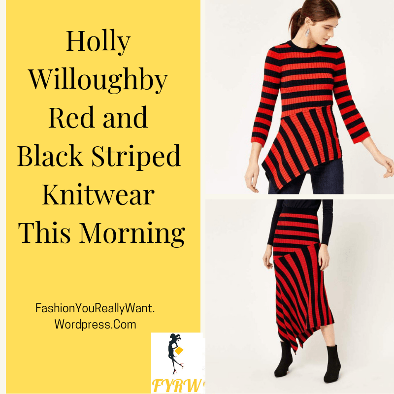 Holly Willoughby This Morning outfit red and black striped knit top and skirt black buckle mules March 2018