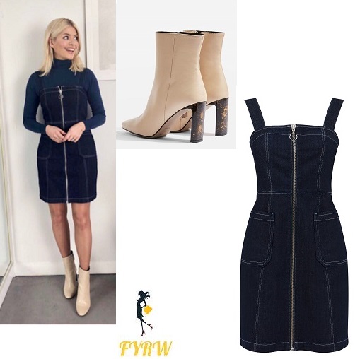 Holly Willoughby This Morning outfit today denim zip front dress blue jumper cream ankle boots March 2018