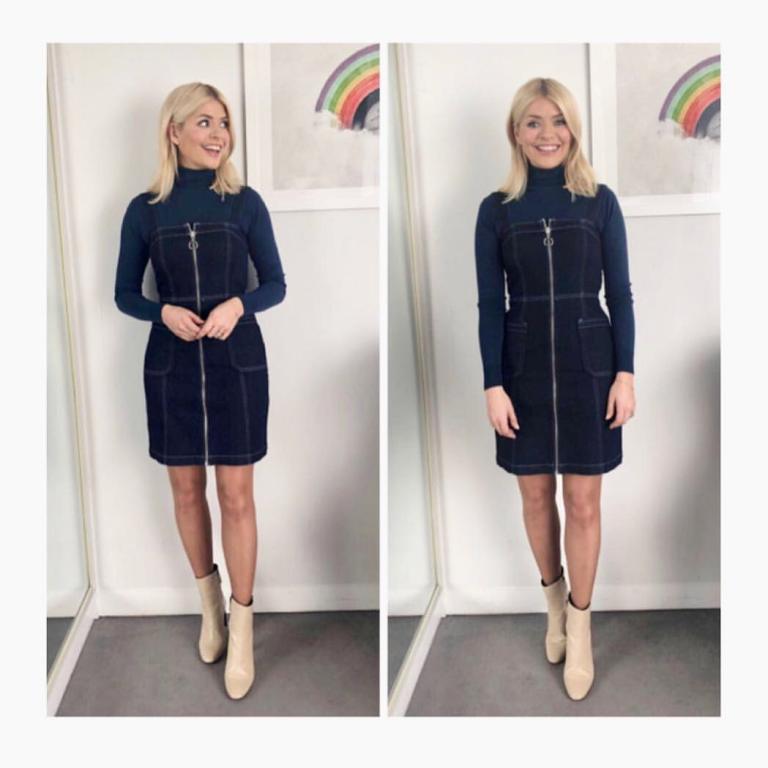 Holly Willoughby This Morning outfit today denim zip front dress blue jumper cream ankle boots MArch 2018