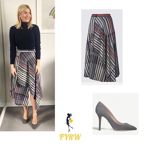 Holly Willoughby This morning outfit black polo neck check skirt grey shoes March 2018