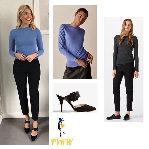 Holly Willoughby This Morning outfit blue jumper black trousers black buckle mules March 2018