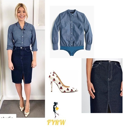 Holly Willoughby This Morning outfit denim shirt and denim skirt heart print shoes MArch 2018