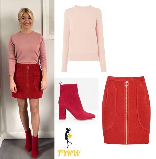 Holly Willoughby This Morning outfit pink jumper red suede skirt red suede boots MArch 2018