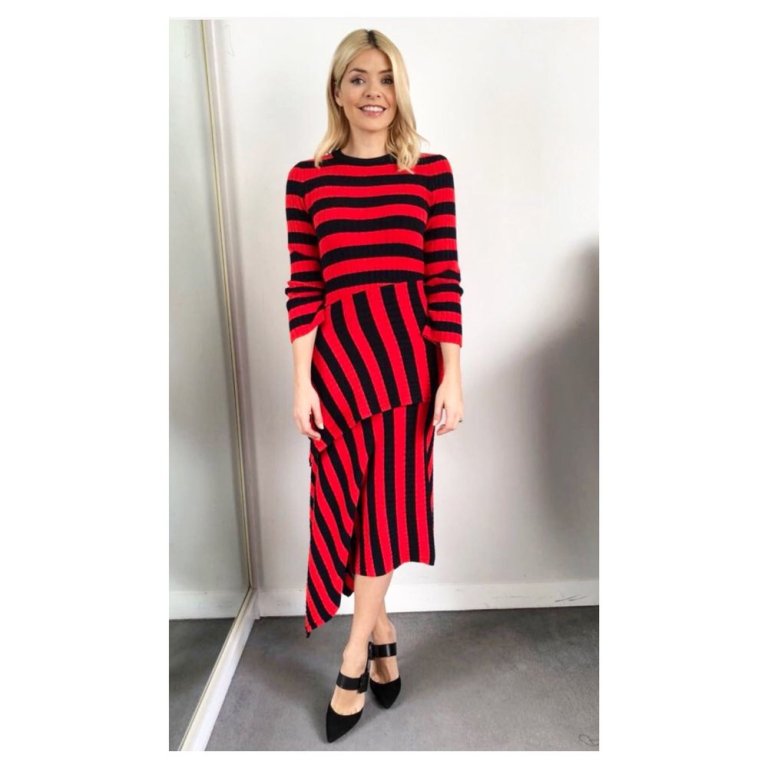 Holly Willoughby This Morning outfit red and black stripes top and skirt black mules MArch 2018