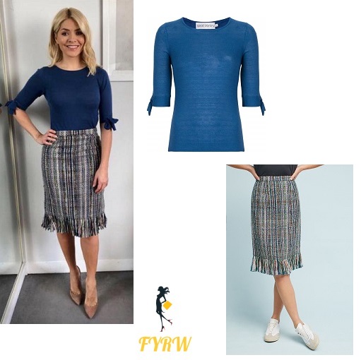 holly-willoughby-this-morning-outfit-tweed-skirt-blue-tie-sleeve-jumper-nude-court-shoes-march-2018-photo