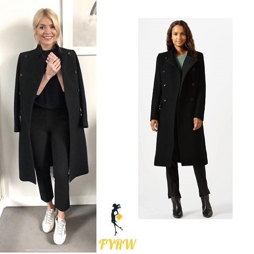 Holly Willoughby This Morning outfit black coat trousers and top white trainers with gold star MArch 2018
