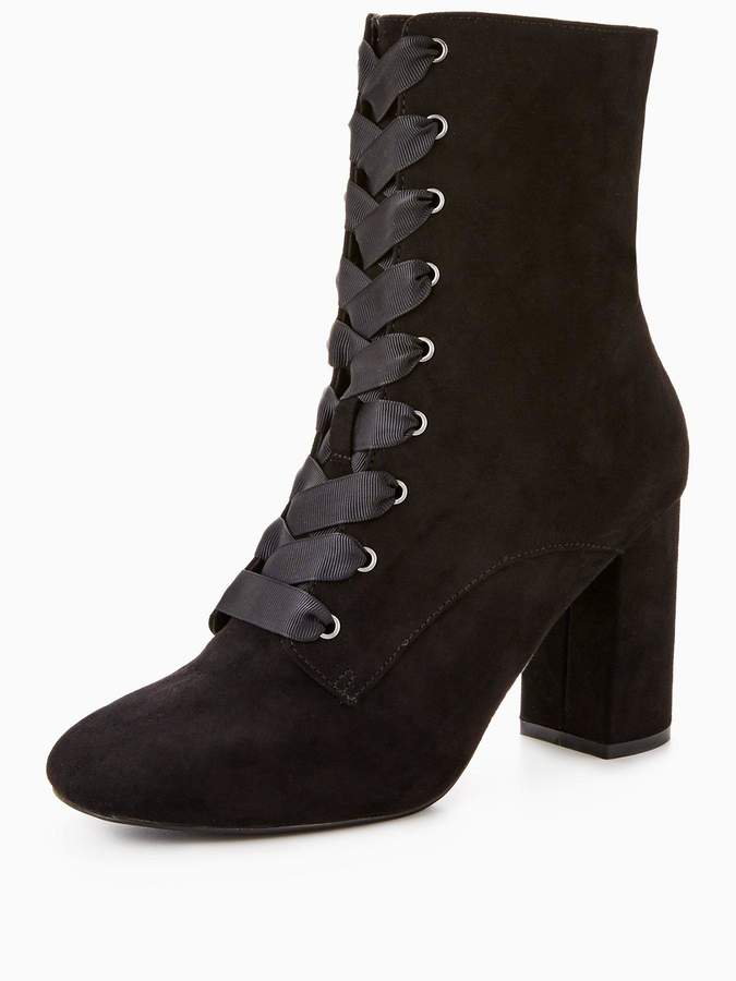 V by Very Piper Block Heel Satin Lace Up Ankle Boot Black