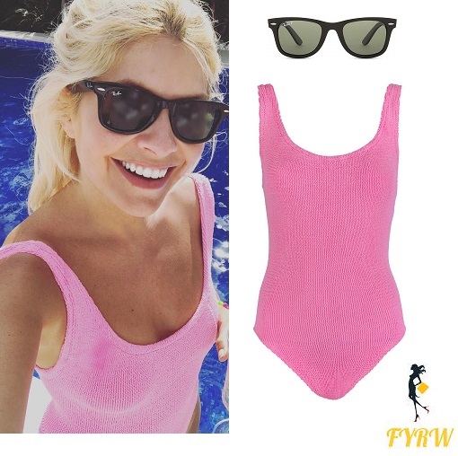 holly willougby style pink swimsuit black sunglasses April 2018