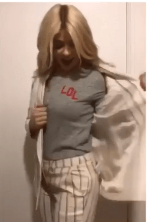 Holly Willoughby Calebrity Juice outfit cream striped trousers suit LOL top April 2018