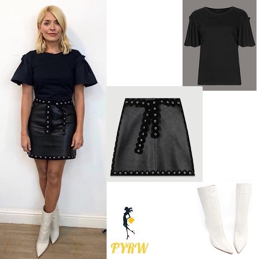 Holly Willoughby Celebrity Juice outfit black top black leather skirt white ankle boots april 2018