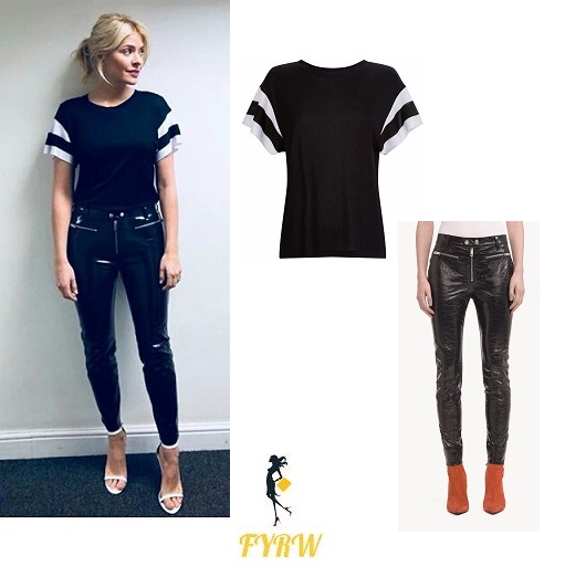 Holly Willoughby Celebrity Juice outfit black and white top black patent jeans white sandals March 2018