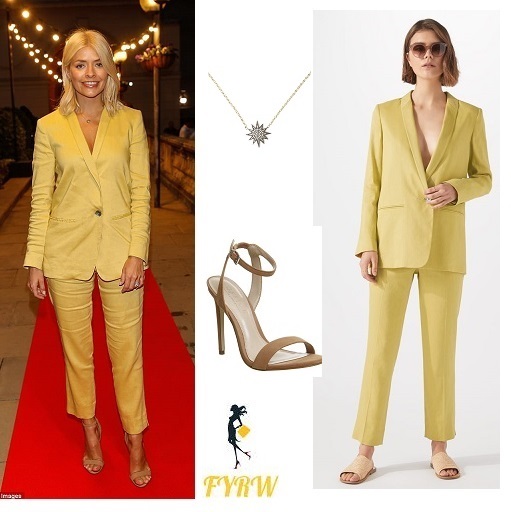 Holly willoughby outfit yellow trouser suit nude sandals star necklace