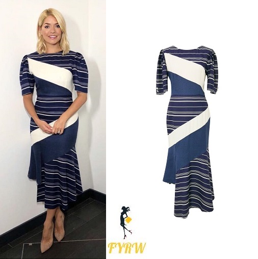 Holly Willoughby This Morning outfit style blue and white striped dress nude court shoes April 2018