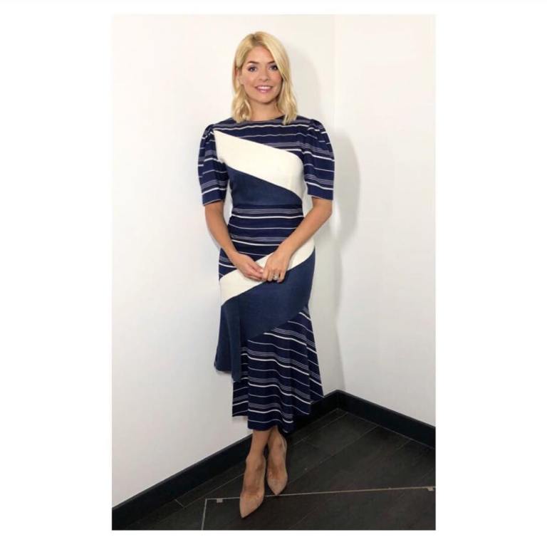 Holly Willoughby This Morning outfit style blue and white striped dress nude court shoes April 2018