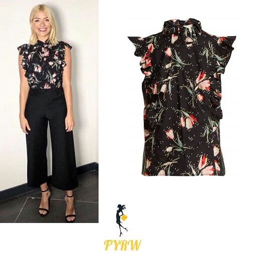 Holly willoughby This Morning outfit black floral print top black trousers black sandals April 2018