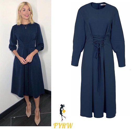 Holly Willoughby This Morning outfit blue midi dress nude court shoes April 2018