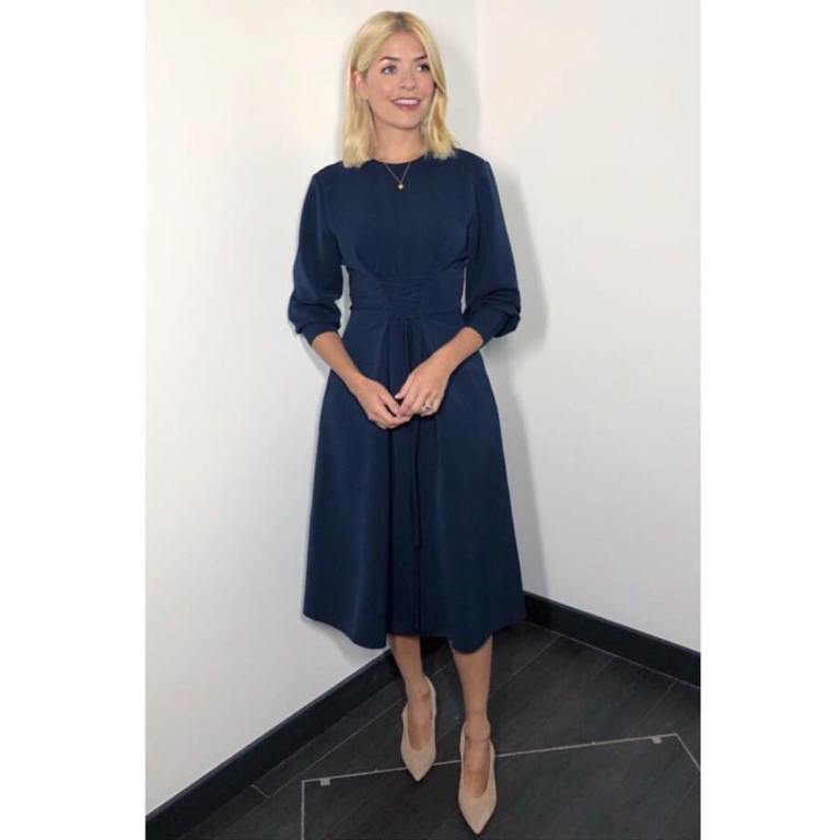 Holly Willoughby This Morning outfit blue midi dress nude court shoes April 2018