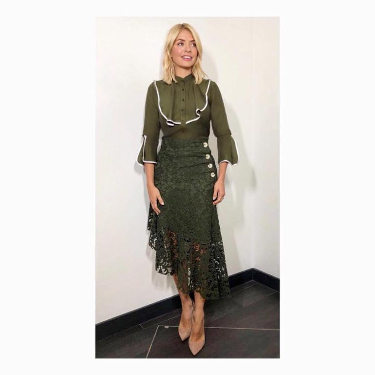 Holly Willoughby This Morning outfit green shirt with white trim green lace skirt nude court shoes April 2018