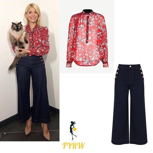 Holly Willoughby this Morning outfit style red floral shirt navy button trousers nude court shoes April 2018