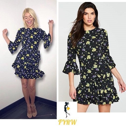 Holly Willoughby This Morning outfit style black floral frill tea dress April 2018