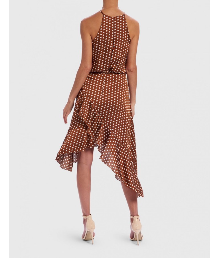Forever Unique Tan And White Polka Dot Halter Neck Dress back view