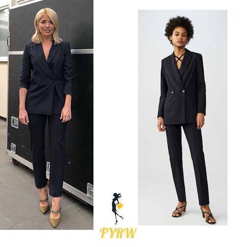 Holly Willoughby Celebrity Juice outfit navy blue suit pinstripes green shoes May 2018