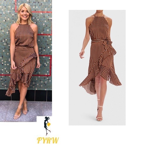 Holly Willoughby his morning outfit brown polka dot dress nude sandals May 2018