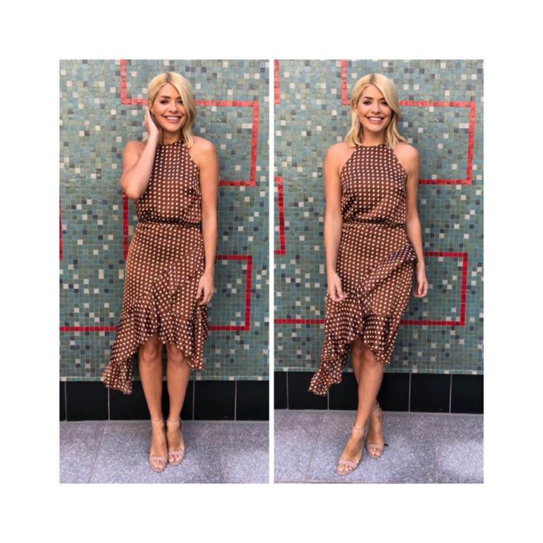 Holly Willoughby his morning outfit brown polka dot dress nude sandals May 2018