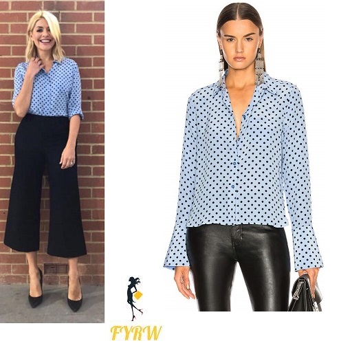 Holly Willoughby This Morning outfit blue polka dot blouse black culottes black court shoes May 2018