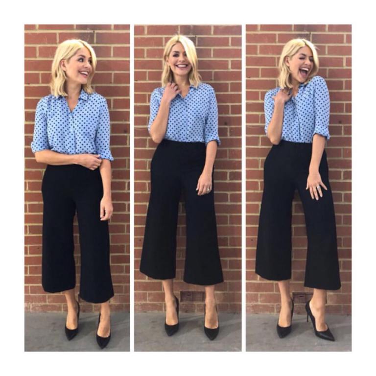 Holly Willoughby This Morning outfit blue polka dot blouse black culottes black court shoes May 2018
