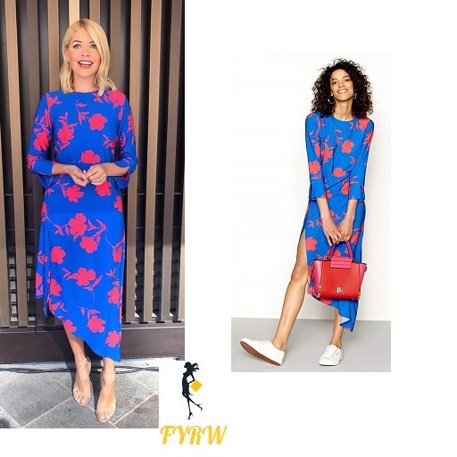 Holly Willoughby This Morning outfit style blue and red floral asymmetric dress nude sandals May 2018