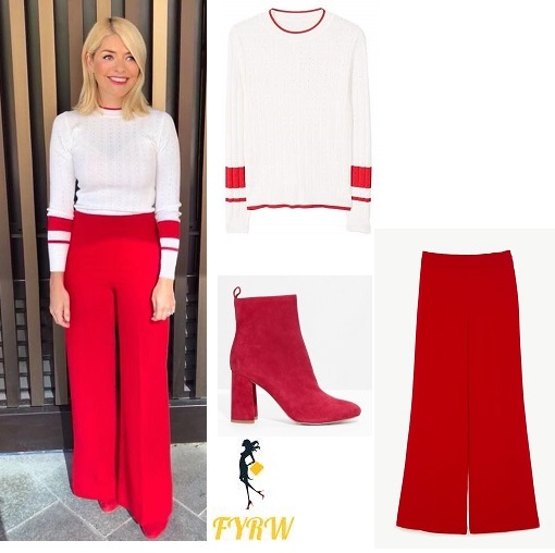 Holly Willoughby This Morning outfit white and red jumper red trousers red boots May 2018