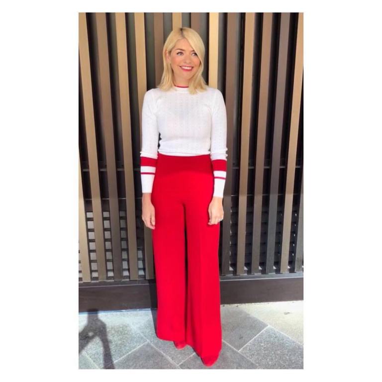 Holly Willoughby This Morning outfit white and red jumper red trousers red boots May 2018