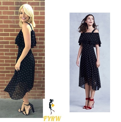 Holly Willoughby This Morning style black and white spot bardot dress black sandals May 2018