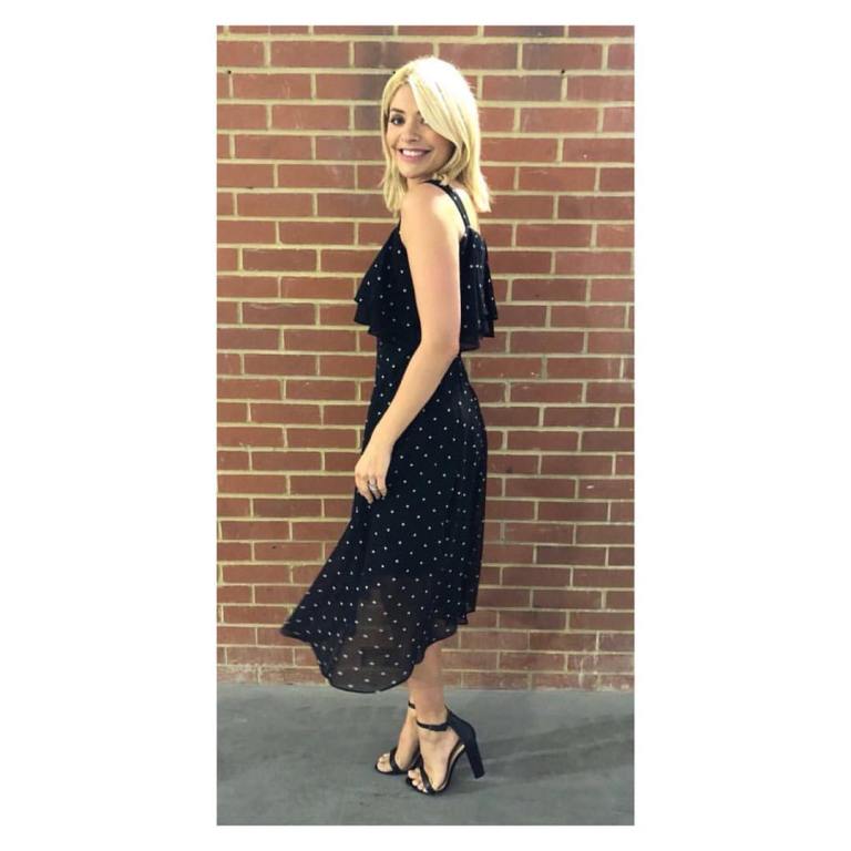 Holly Willoughby This Morning style black and white spot bardot dress black sandals May 2018
