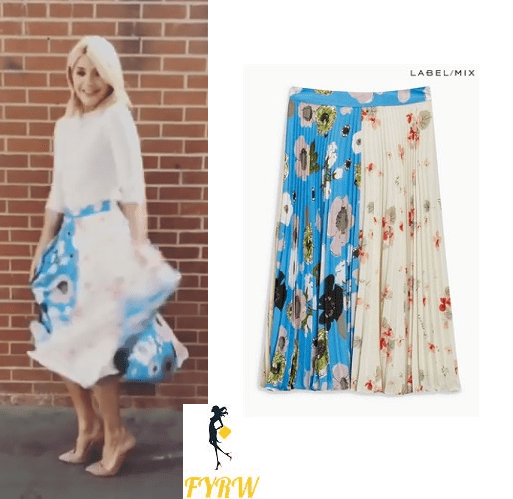 Holly Willoughby This Morning style blue floral skirt white top pink court shoes May 2018