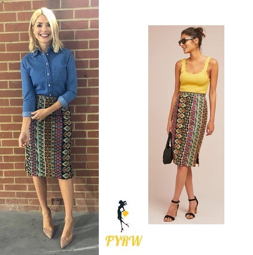 Holly willoughby This Morning style ethnic print skirt blue denim shirt nude court shoes May 2018