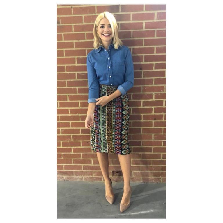 Holly willoughby This Morning style ethnic print skirt blue denim shirt nude court shoes May 2018