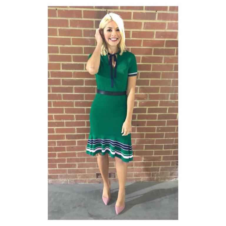 Holly Willoughby This Morning style green dress blue and white stripes pink court shoes May 2018