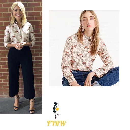 Holly Willoughby This Morning style tiger print shirt black trousers black sandal May 2018