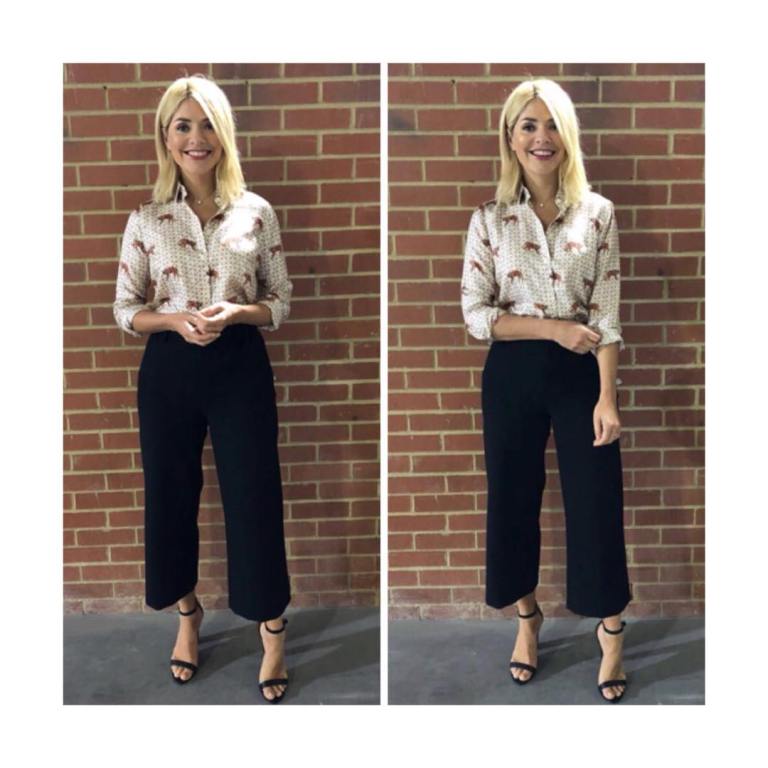 Holly Willoughby This Morning style tiger print shirt black trousers black sandal May 2018