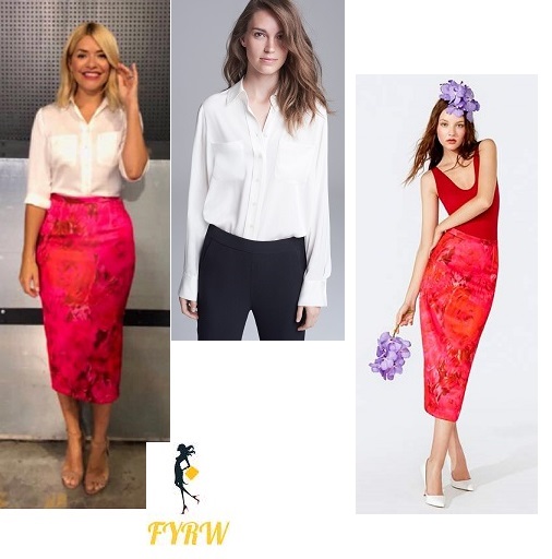 Holly Willoughby his Morning style outfit blog ivory shirt red floral satin skirt nude sandals June 2018