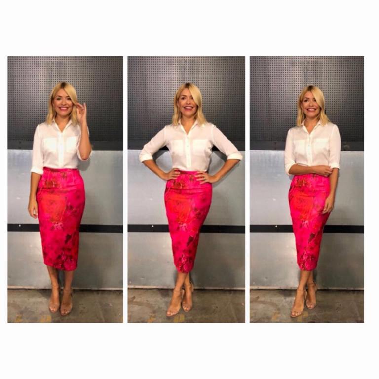 Holly Willoughby his Morning style outfit blog ivory shirt red floral satin skirt nude sandals June 2018
