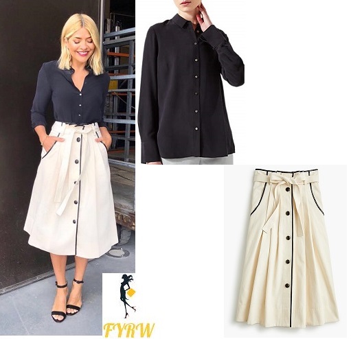 Holly Willoughby outfits blog This Morning style navy shirt cream button through skirt sandals June 2018