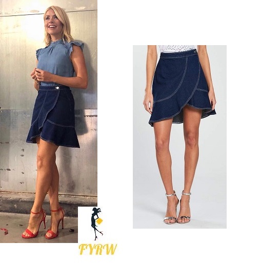 Holly Willoughby style outfit blog This Morning blue frill sleeve top stitch detail wrap skirt red sandals June 2018