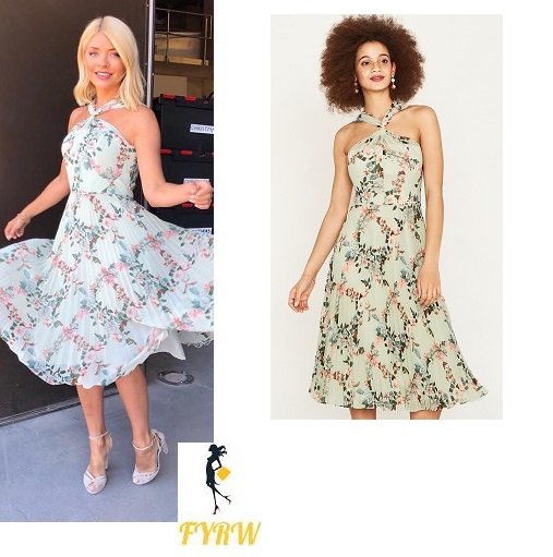 Holly Willoughby style outfit This Morning green floral pleat dress grey shoes June 2018