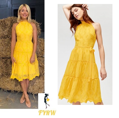 Holly Willoughby style outfit This Morning yellow halter broderie anglaise dress June 2018