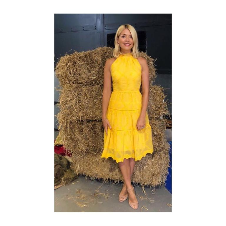 Holly Willoughby style outfit This Morning yellow halter broderie anglaise dress June 2018