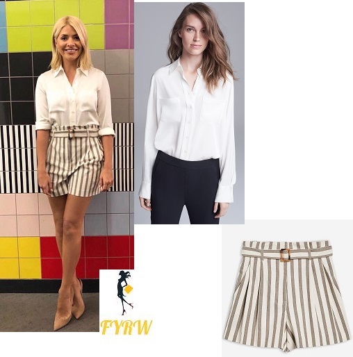 Holly Willoughby style This Morning outfit ivory shirt striped shorts nude court shoes June 2018