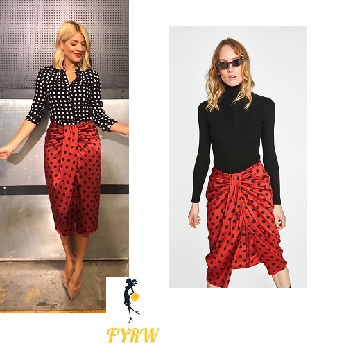 Holly Willoughby This Morning outfit style black and white polka dot shirt red polka dot skirt nude court shoes June 2018